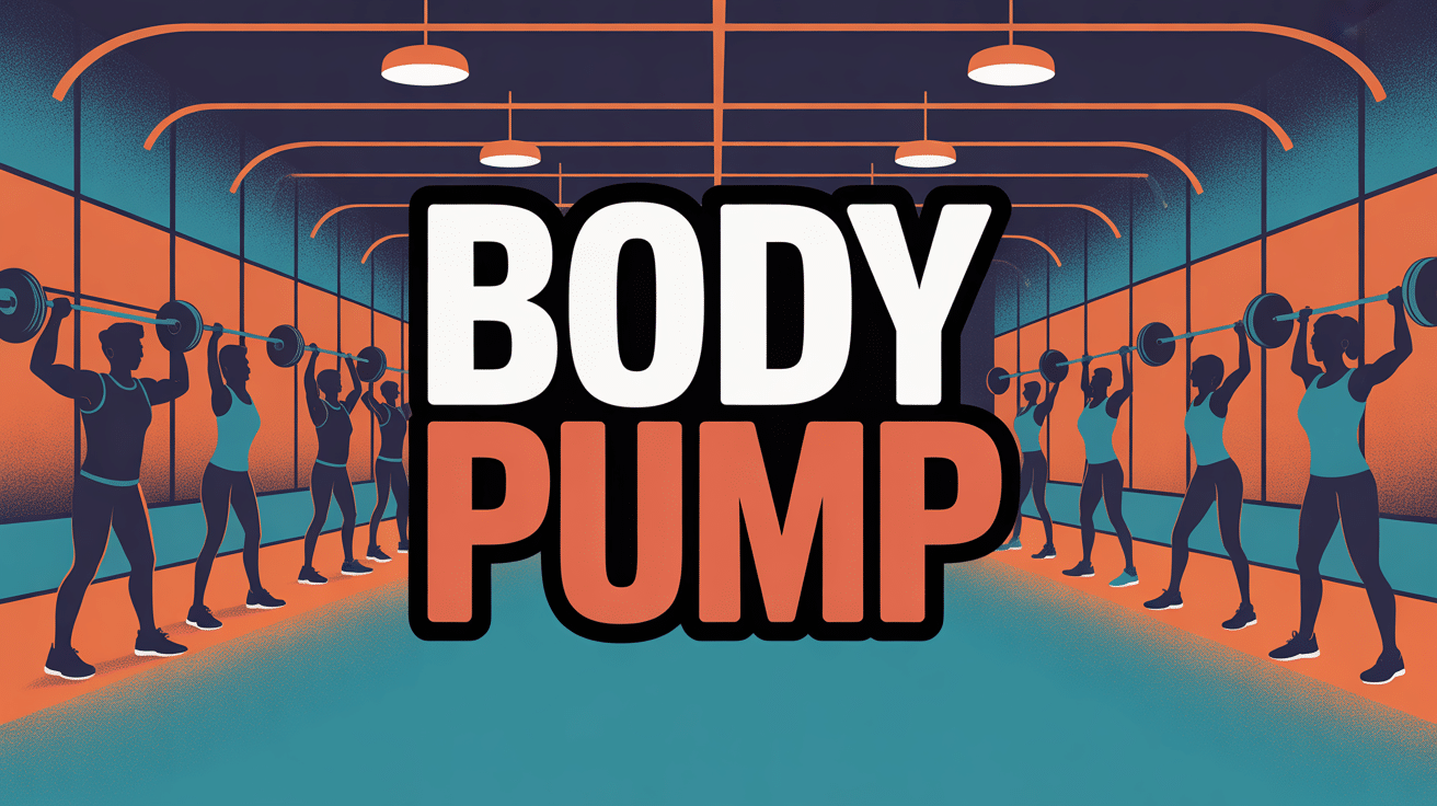 Illustration salle fitness body pump avec silhouettes et poids