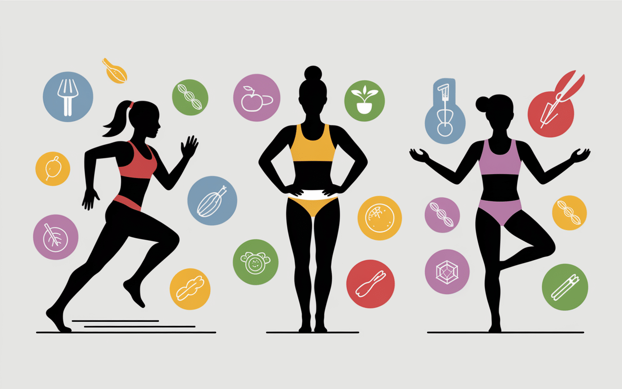 silhouettes humaines avec activités sportives et nutrition