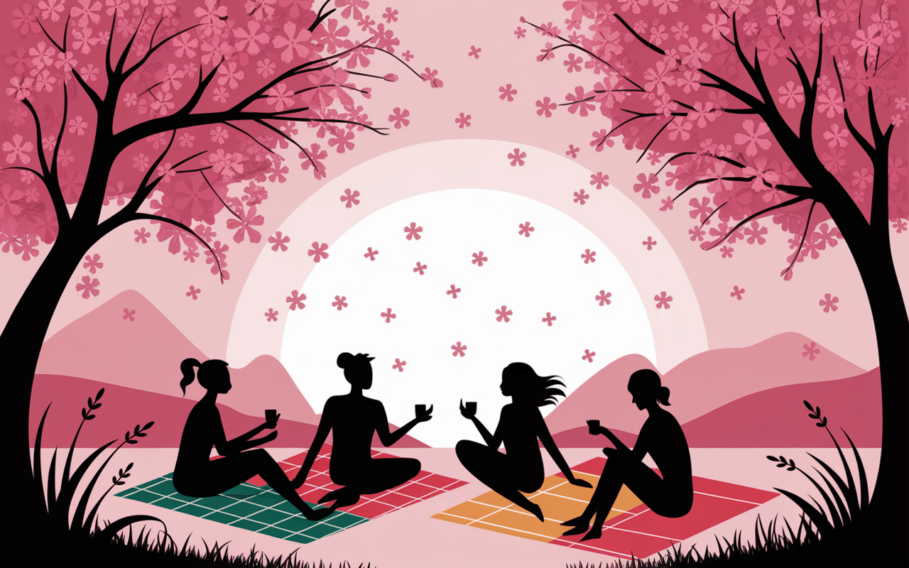 People picnic under cherry blossom trees with falling petals