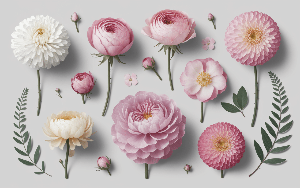 Different cherry blossom flower varieties with varying colors and petal shapes