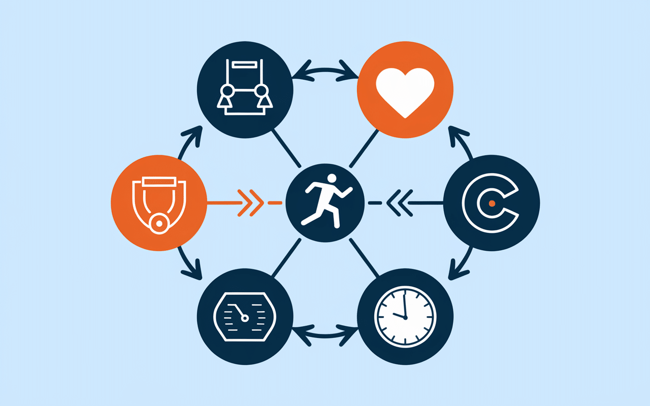 Diagramme circulaire avec icônes d'exercices cross training pour cardio et musculation