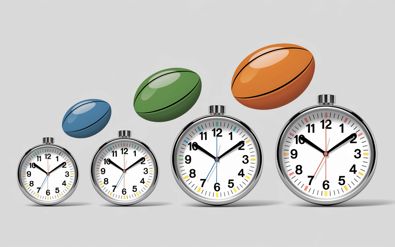 plusieurs chronomètres affichant différentes durées avec ballons de rugby