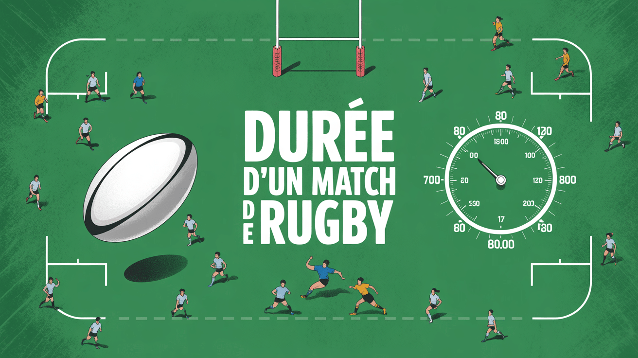 terrain de rugby avec chronomètre affichant 80 minutes et ballon ovale