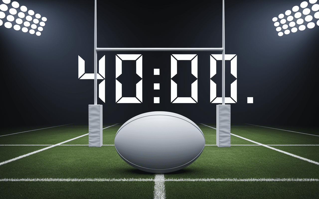 chronomètre digital à 40 minutes avec ballon de rugby sur terrain