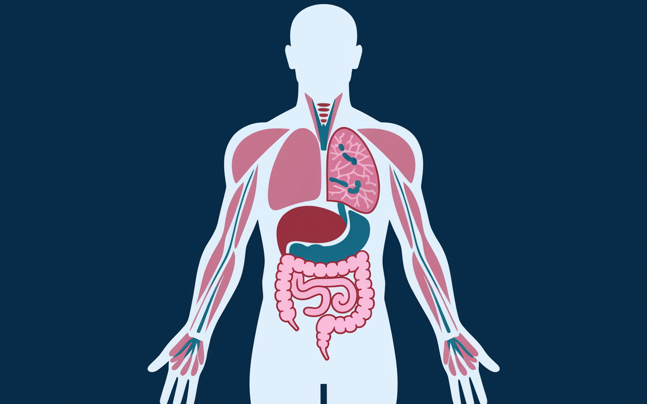 Schema corps humain montrant fonctions biologiques de la glutamine