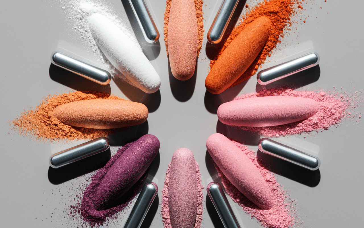 Macro view of colorful pre workout powders and capsules