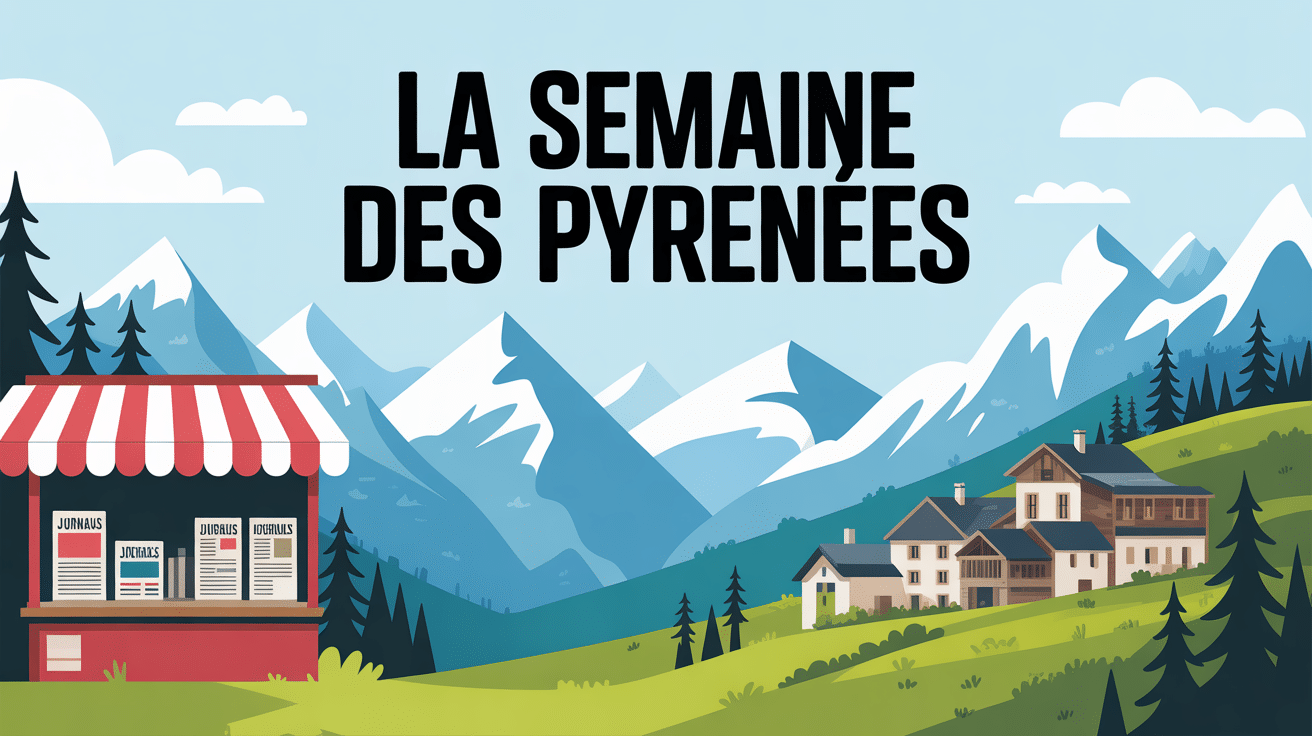 Illustration la semaine des pyrénées paysage montagneux et kiosque a journaux