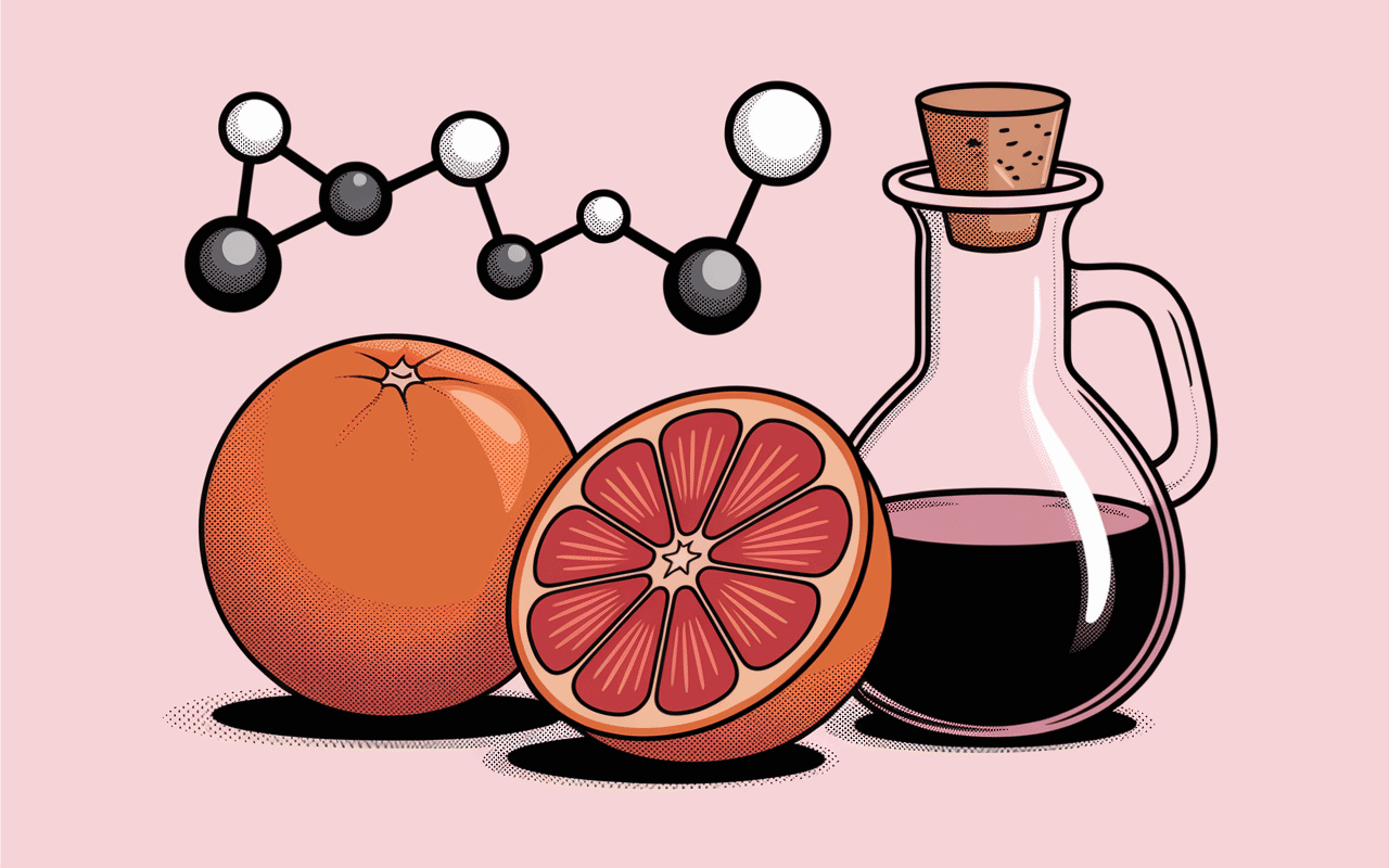 orange sanguine et bouteille vinaigre de cidre morosil illustration