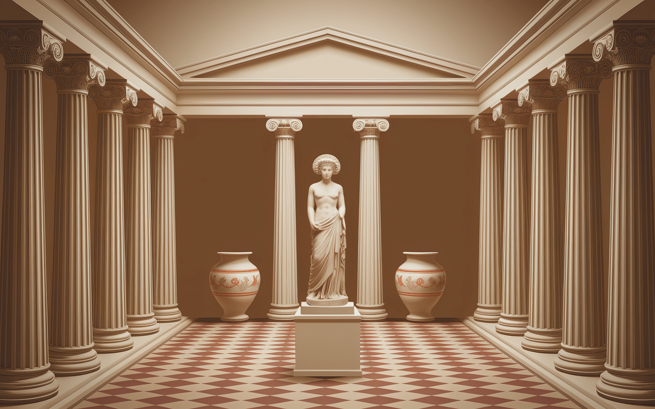 Scene antique temple grec sculpture Nemesis et parchemins