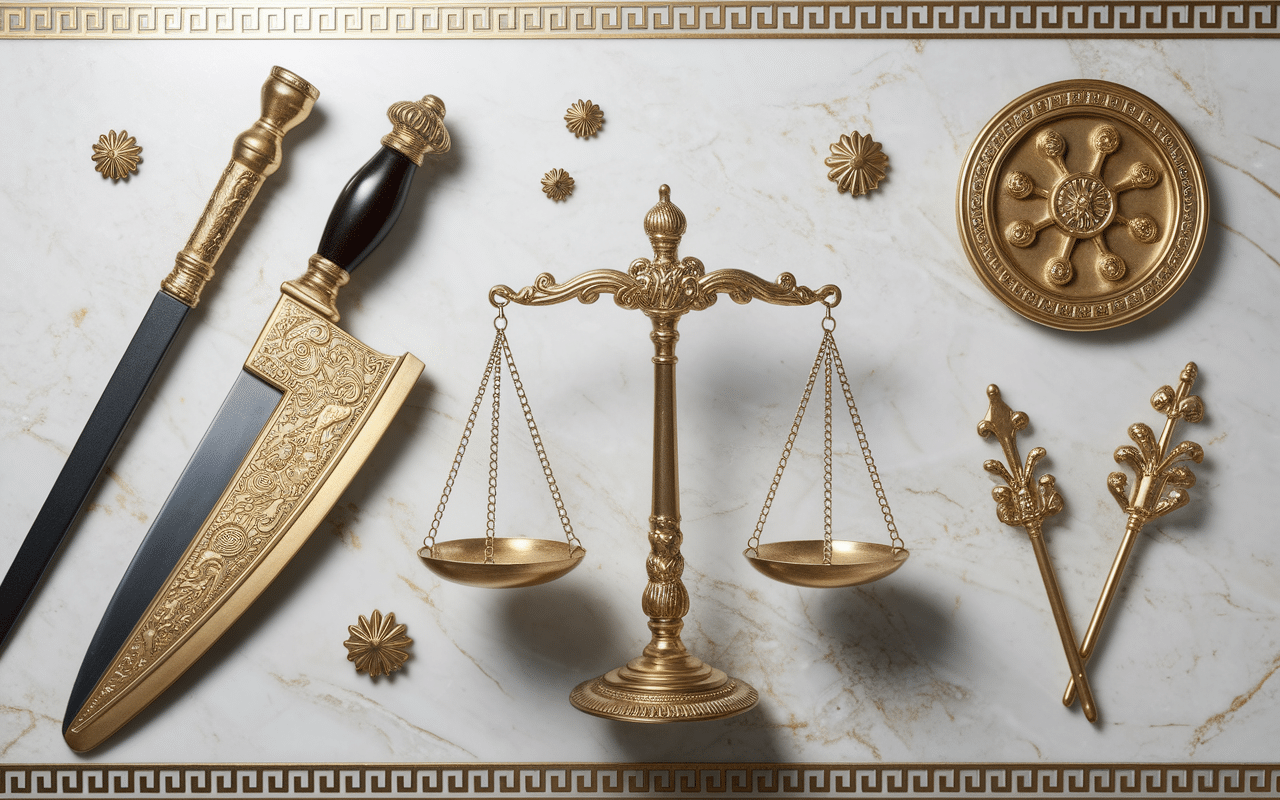 Objets symboliques de Nemesis balance epée roue tige fléau