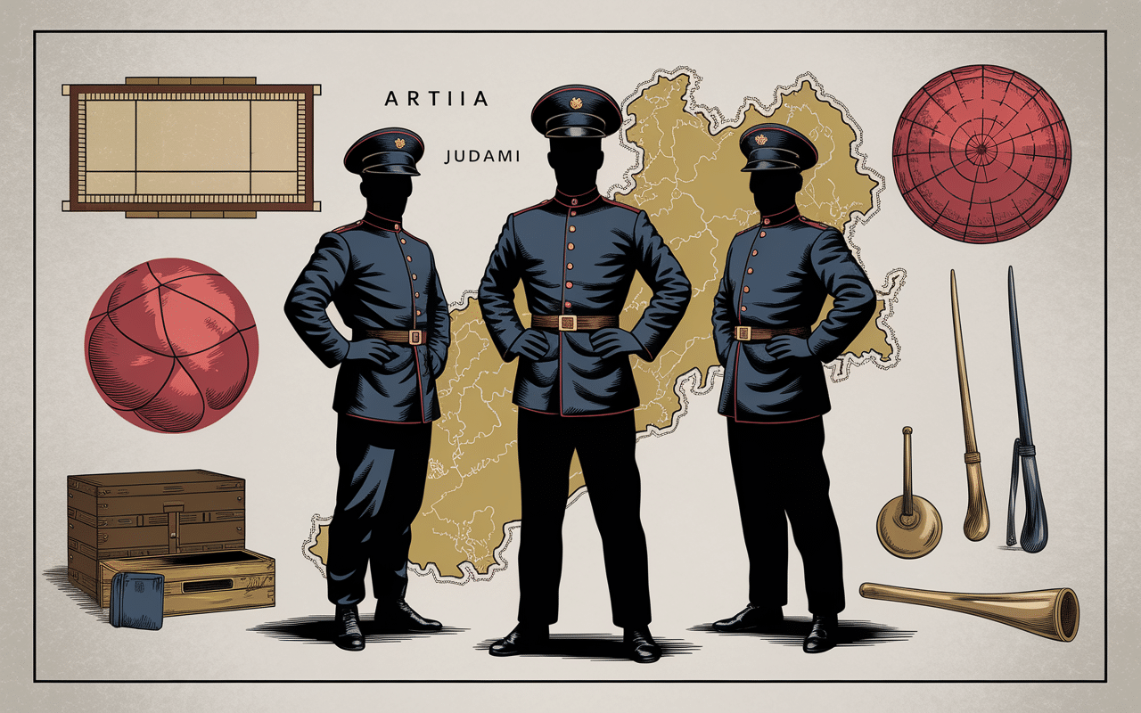 Illustration historique des fondateurs du sambo avec équipement martial ancien