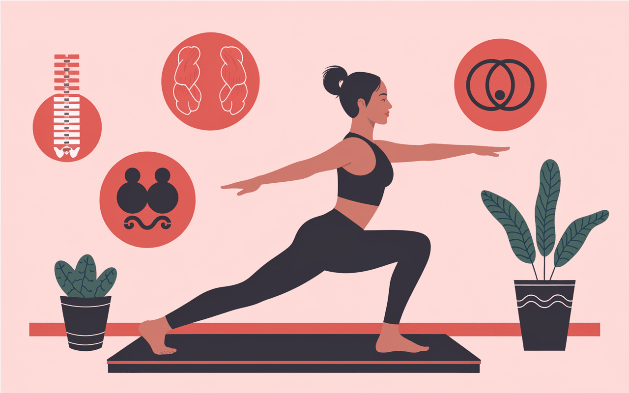 Silhouette femme pilates au mur avec icônes bienfaits