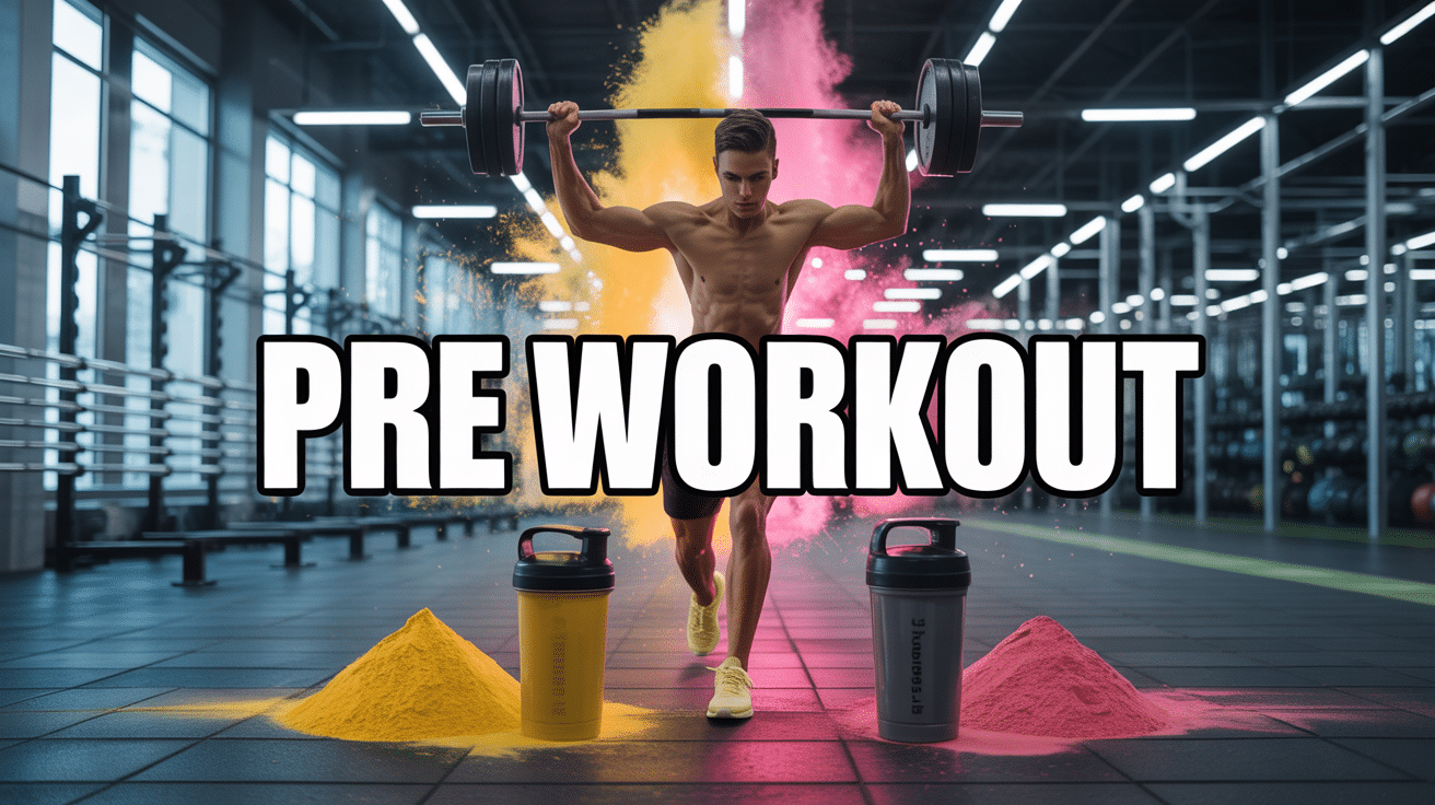 Athlete silhouette with pre workout powders and shakers