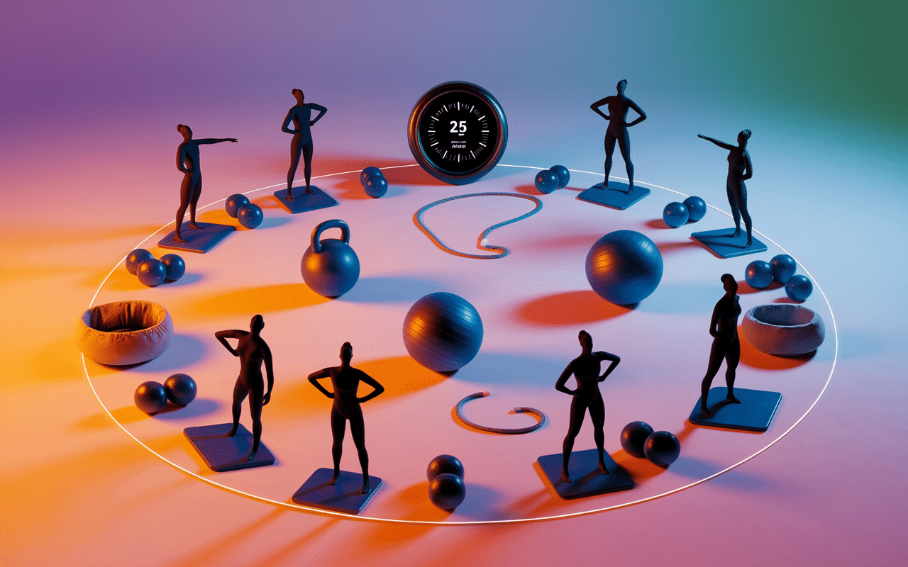 Scène d'entraînement cross training avec équipements et silhouettes en exercice