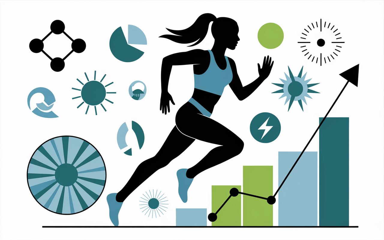 silhouette sportive avec icônes énergie shilajit