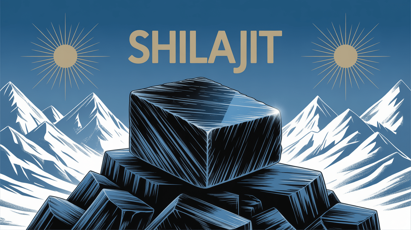 résine shilajit noire brillante sur roche montagneuse