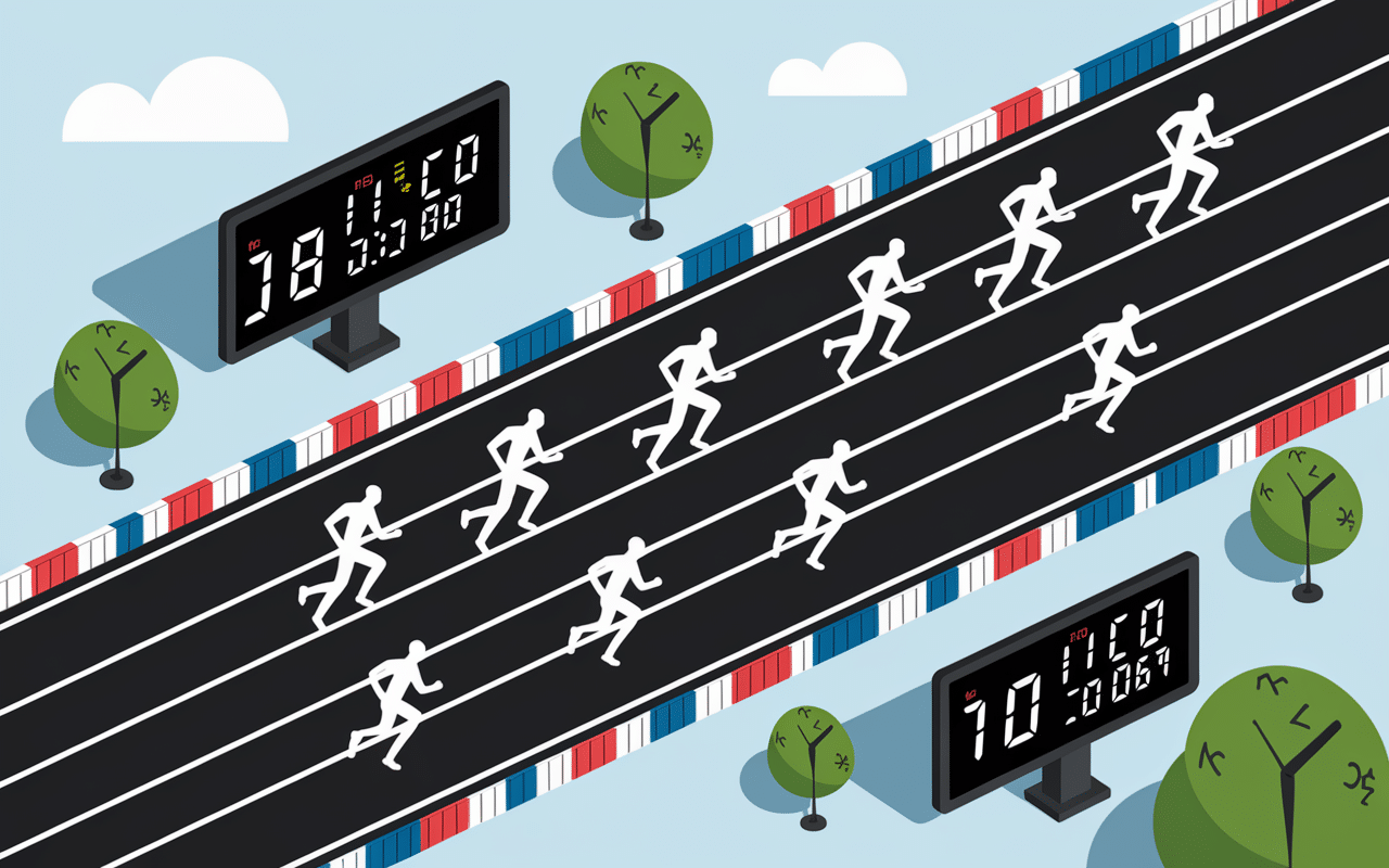 Piste de course avec coureurs et chronomètres