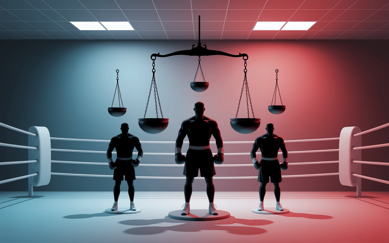 Silhouettes de boxeurs avec symboles de poids sur fond bleu et rouge