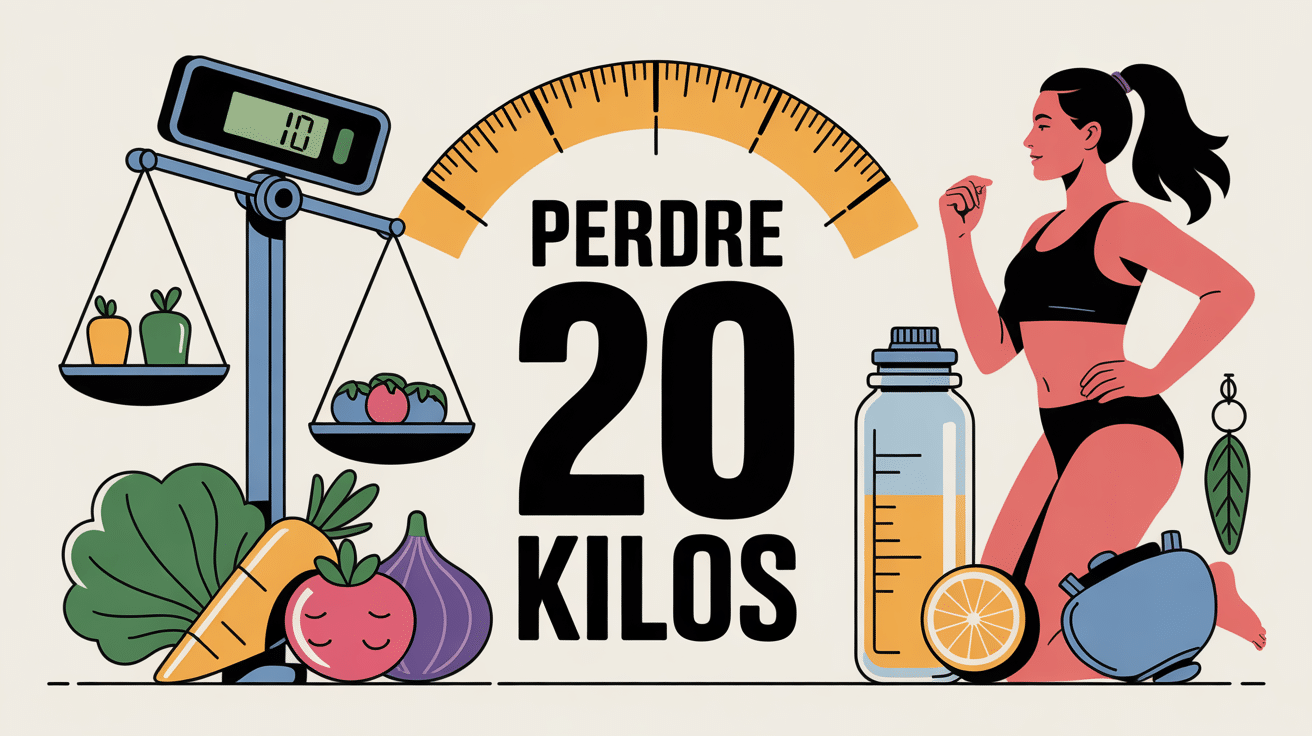 comment perdre 20 kilos illustration avec balance et légumes