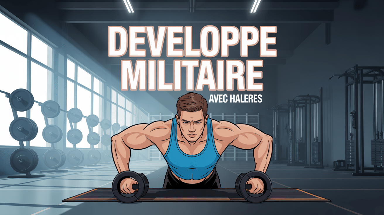 athlete dos developpe militaire avec halteres salle sport