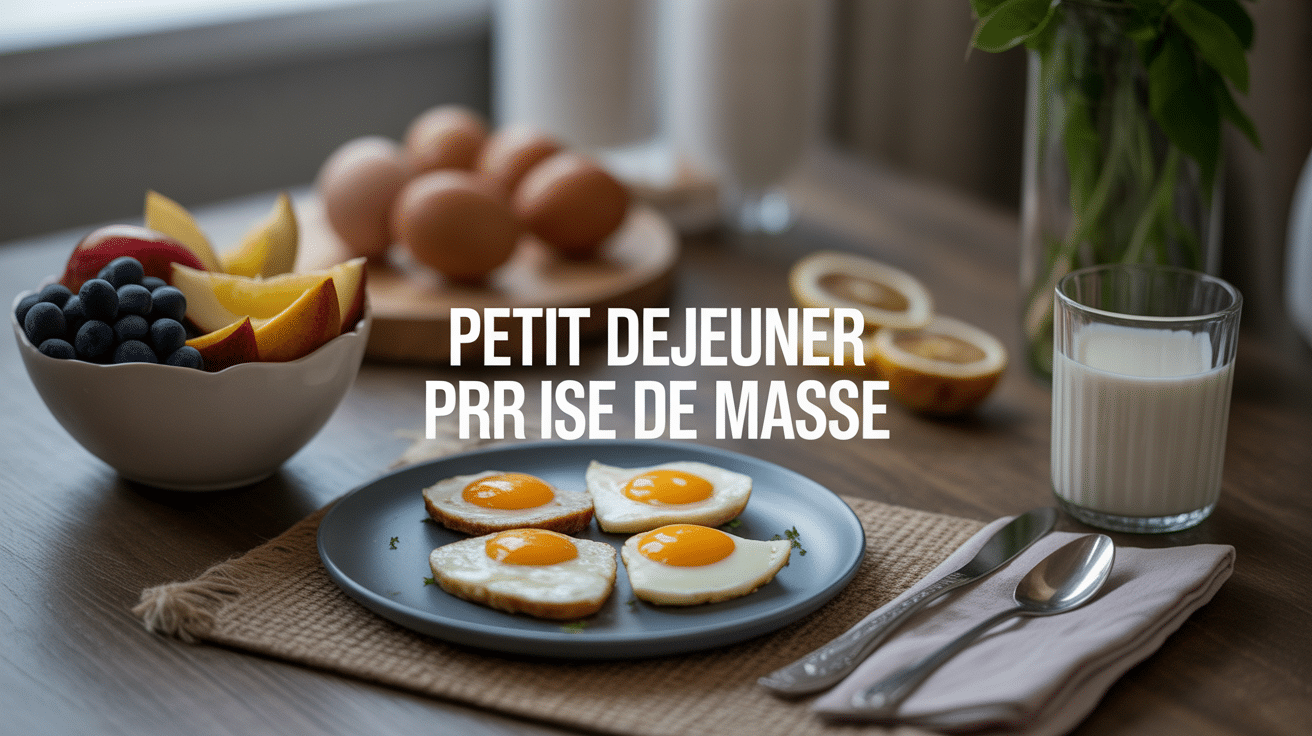 Petit dejeuner prise de masse avec oeufs flocons d'avoine et haltères