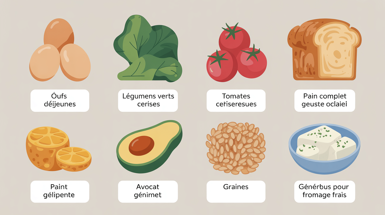 Ingredients petit dejeuner sale equilibre rapide oeufs legumes pain