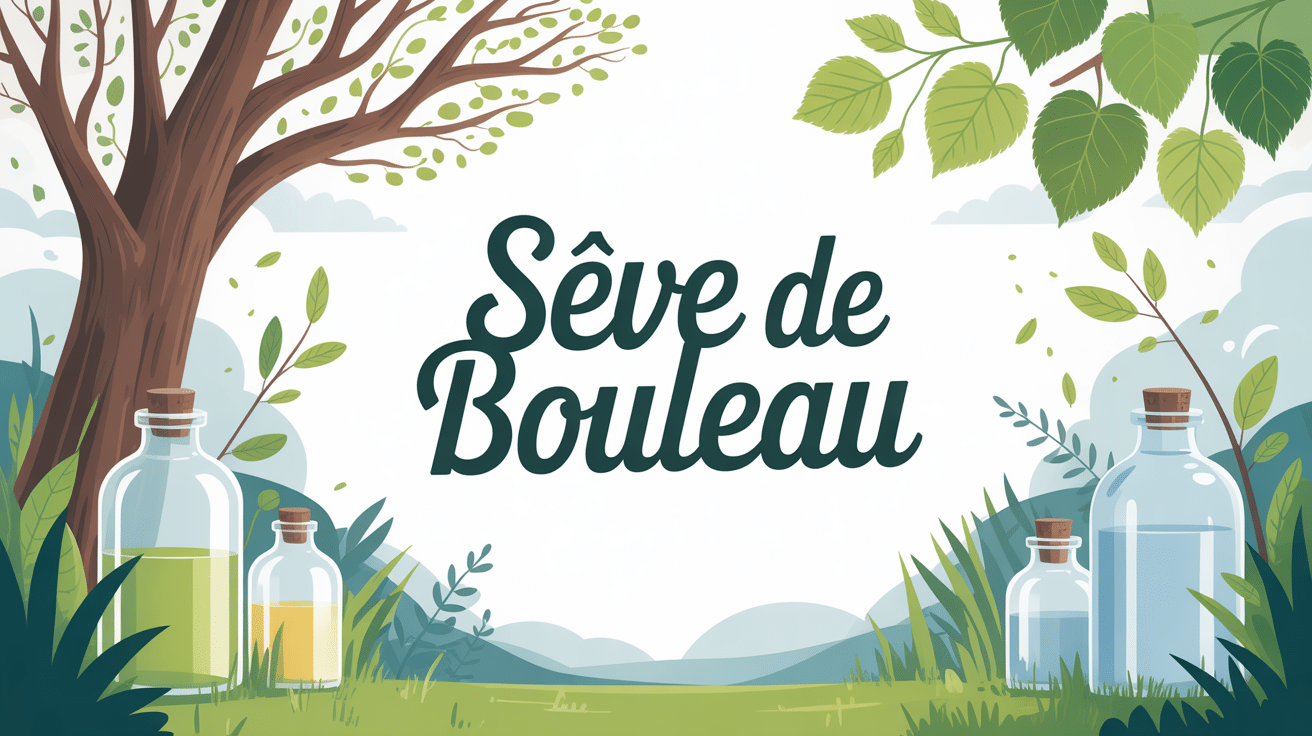 illustration des bienfaits de la seve de bouleau avec arbre et flacons