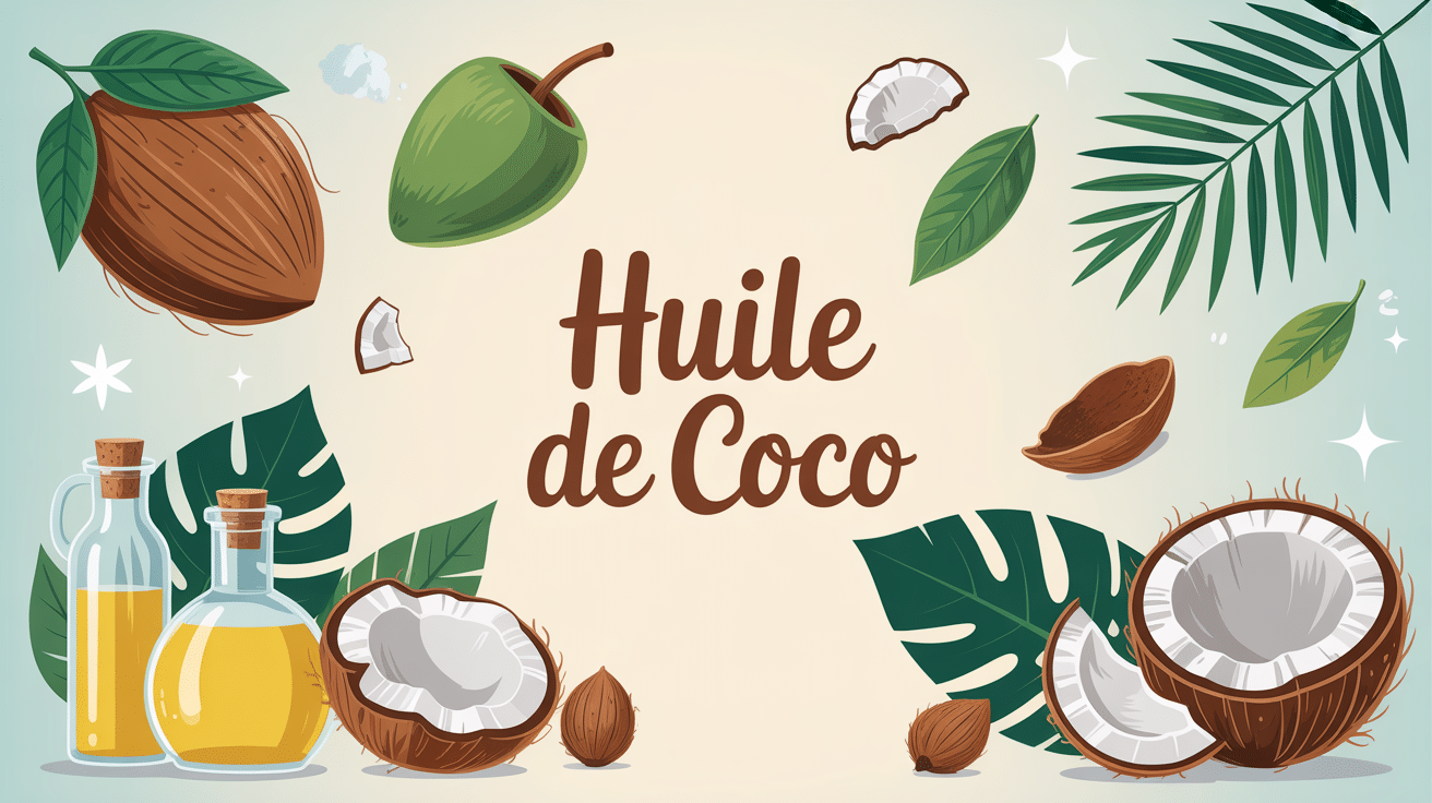 Illustration bienfait huile de coco soins et cuisine