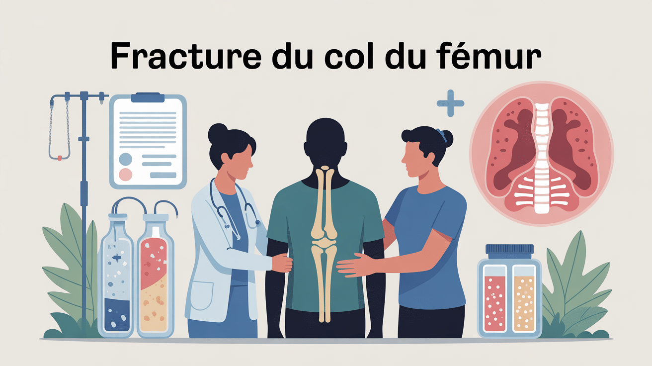 Illustration d'une personne âgée accompagnée de soignants, espérance de vie après une fracture du col du fémur