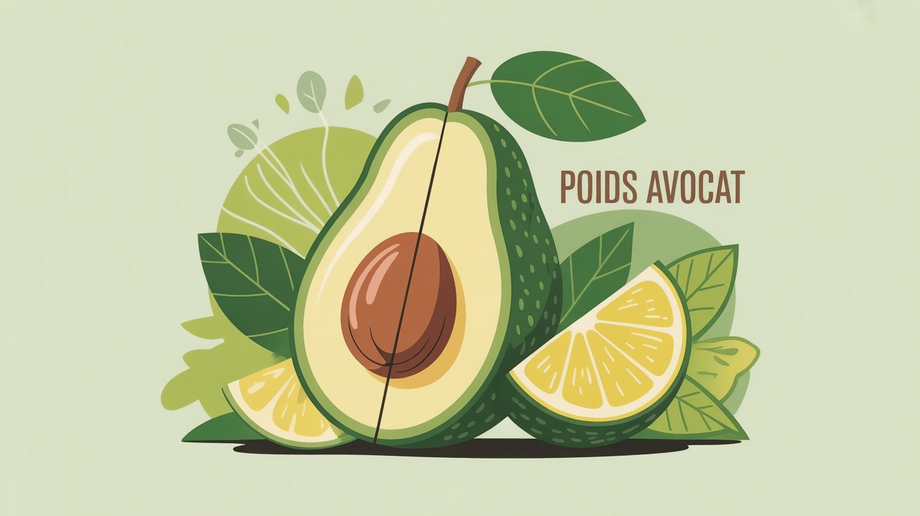 poids avocat, illustration stylisée avec portion et ambiance équilibrée