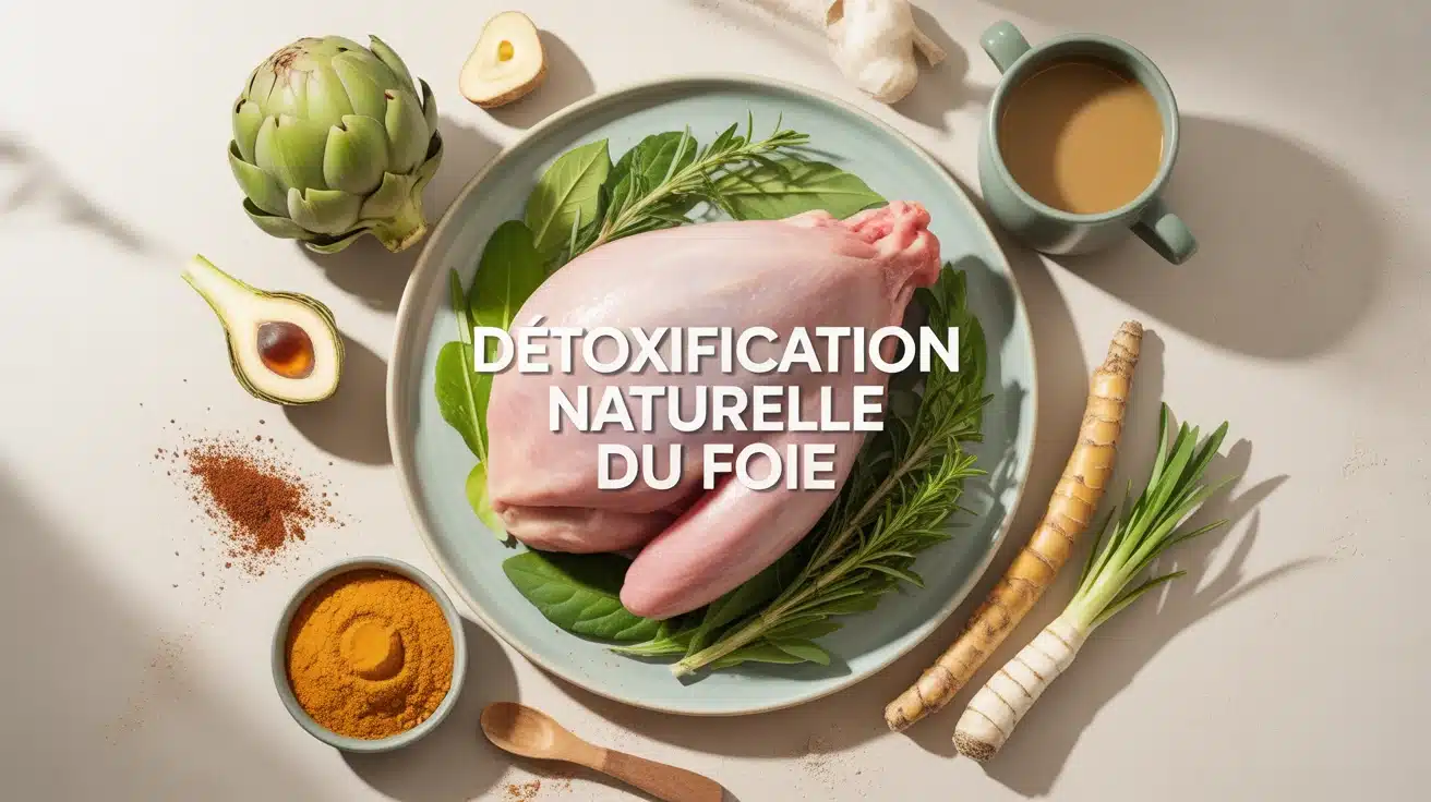 illustration détoxification naturelle du foie avec légumes et boissons santé