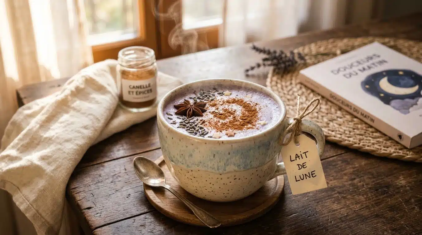 Moon Milk à l'Ashwagandha dans une tasse en céramique