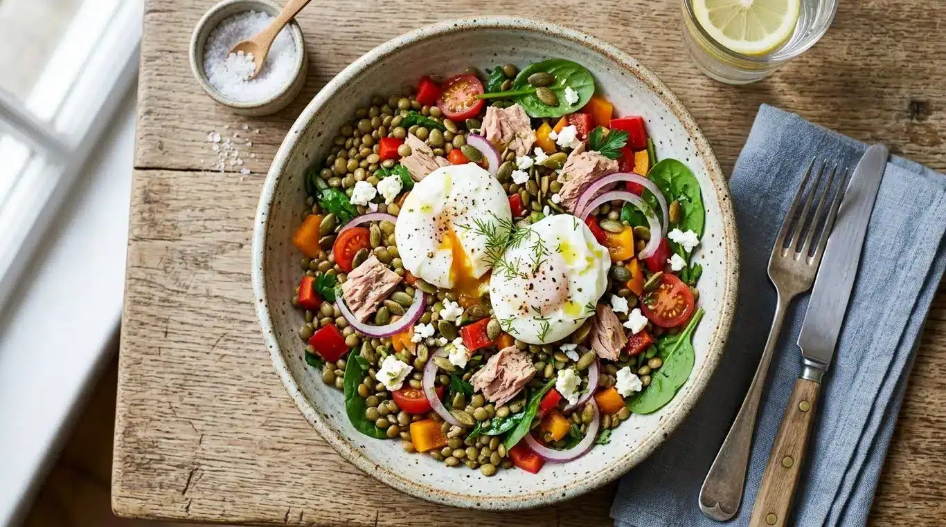 Salade de lentilles au thon et œufs pochés riche en L-tyrosine