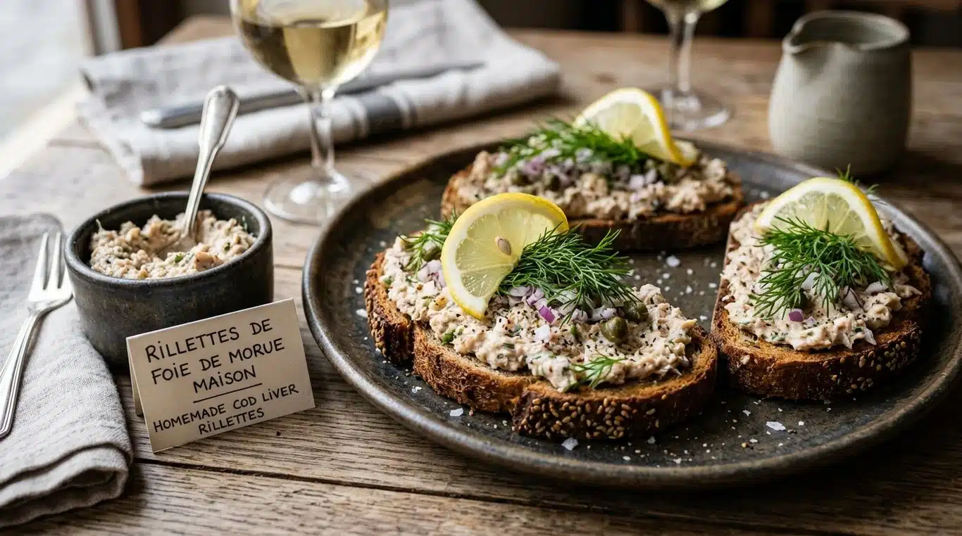 Rillettes de foie de morue au citron et à l'aneth sur toasts