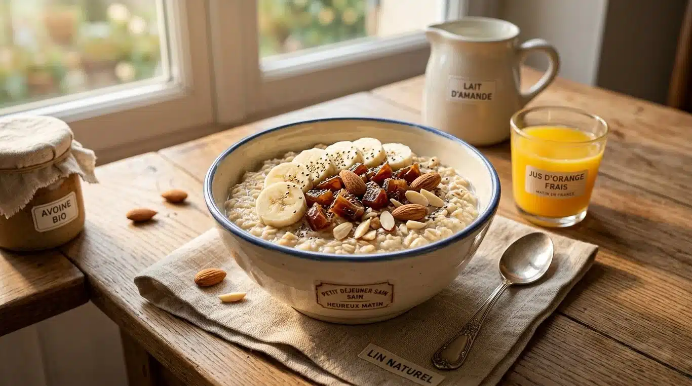 Bol de porridge de l'athlète avec bananes, dattes et amandes