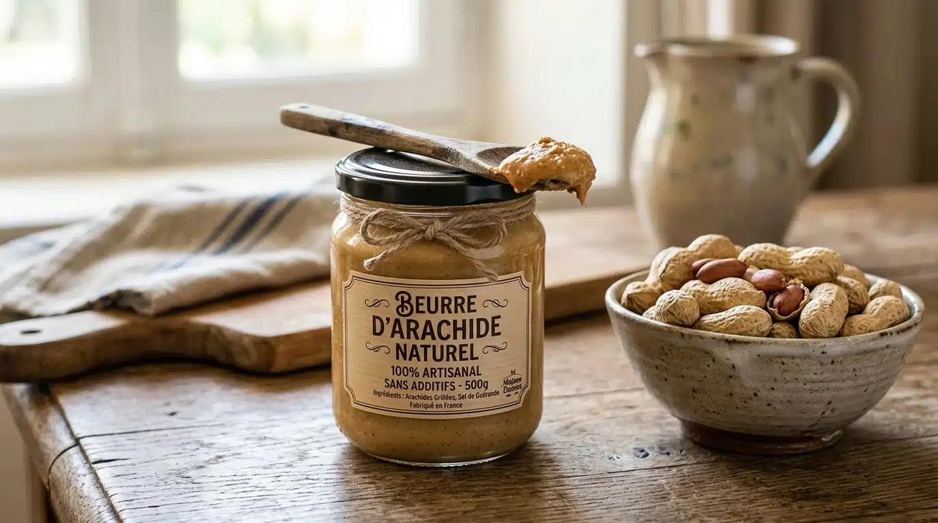 Pot de beurre de cacahuète naturel avec une cuillère en bois