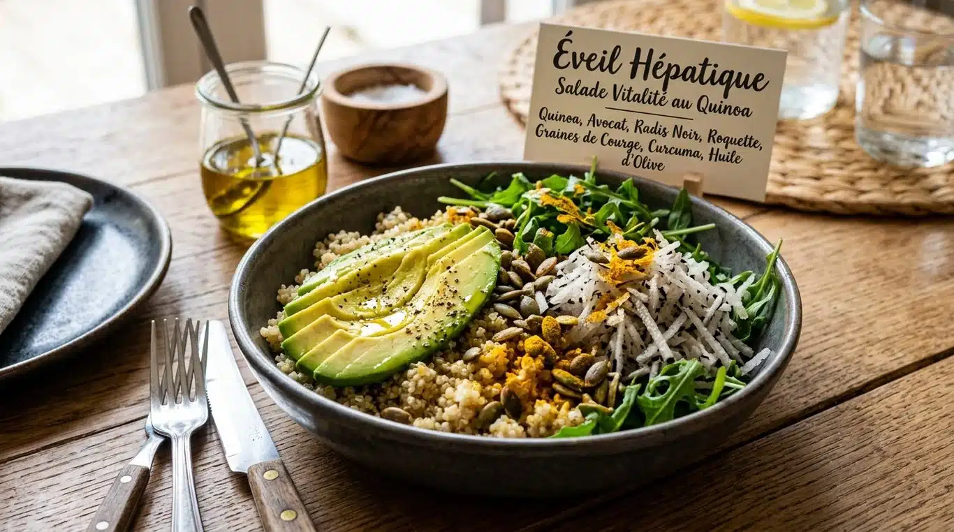 Salade Éveil Hépatique composée de quinoa, radis noir, avocat et roquette