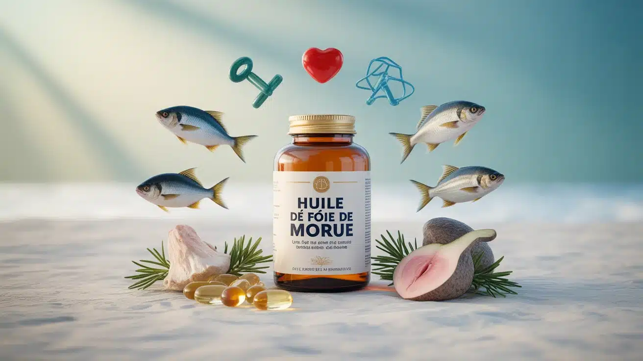Flacon et capsules d'huile de foie de morue avec poissons et icônes santé