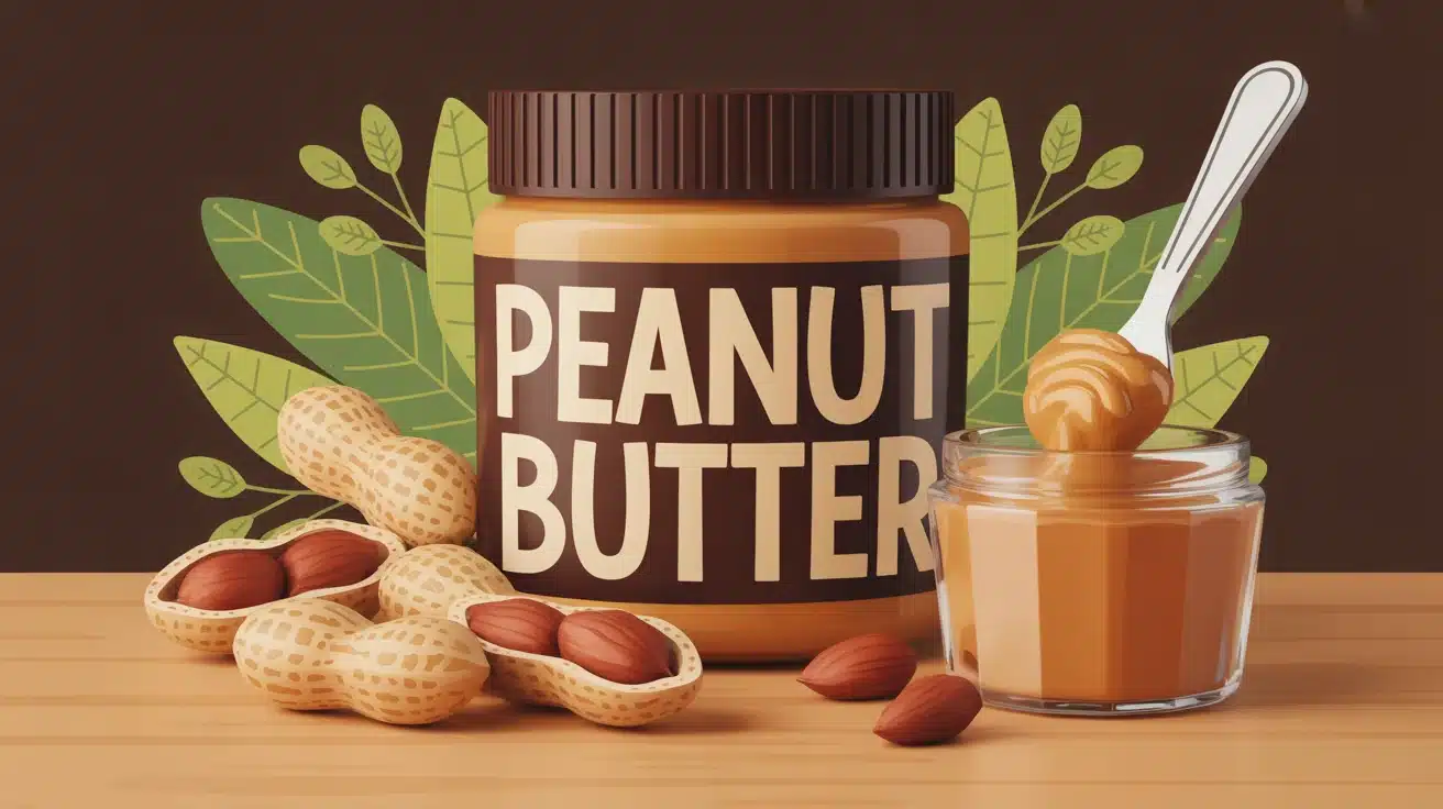 Pot de peanut butter ouvert avec cuillère et arachides
