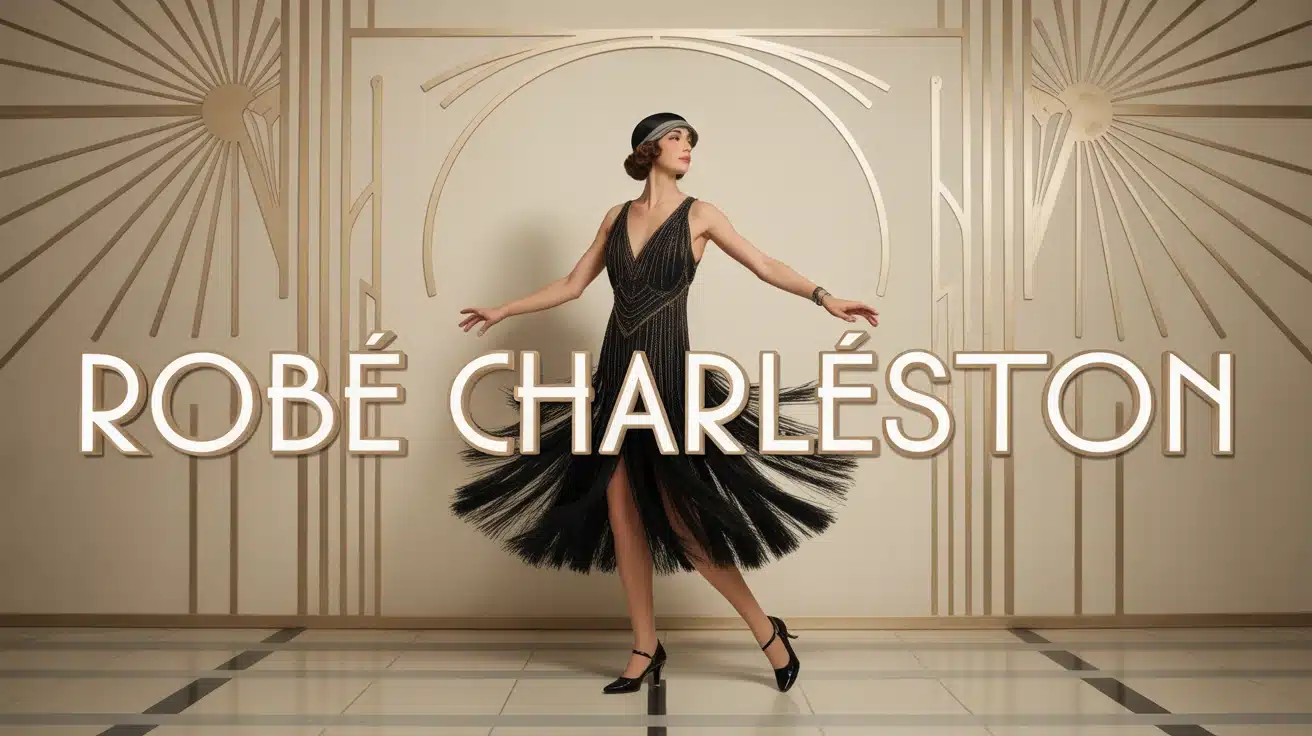 Illustration robe Charleston art déco avec franges dorées