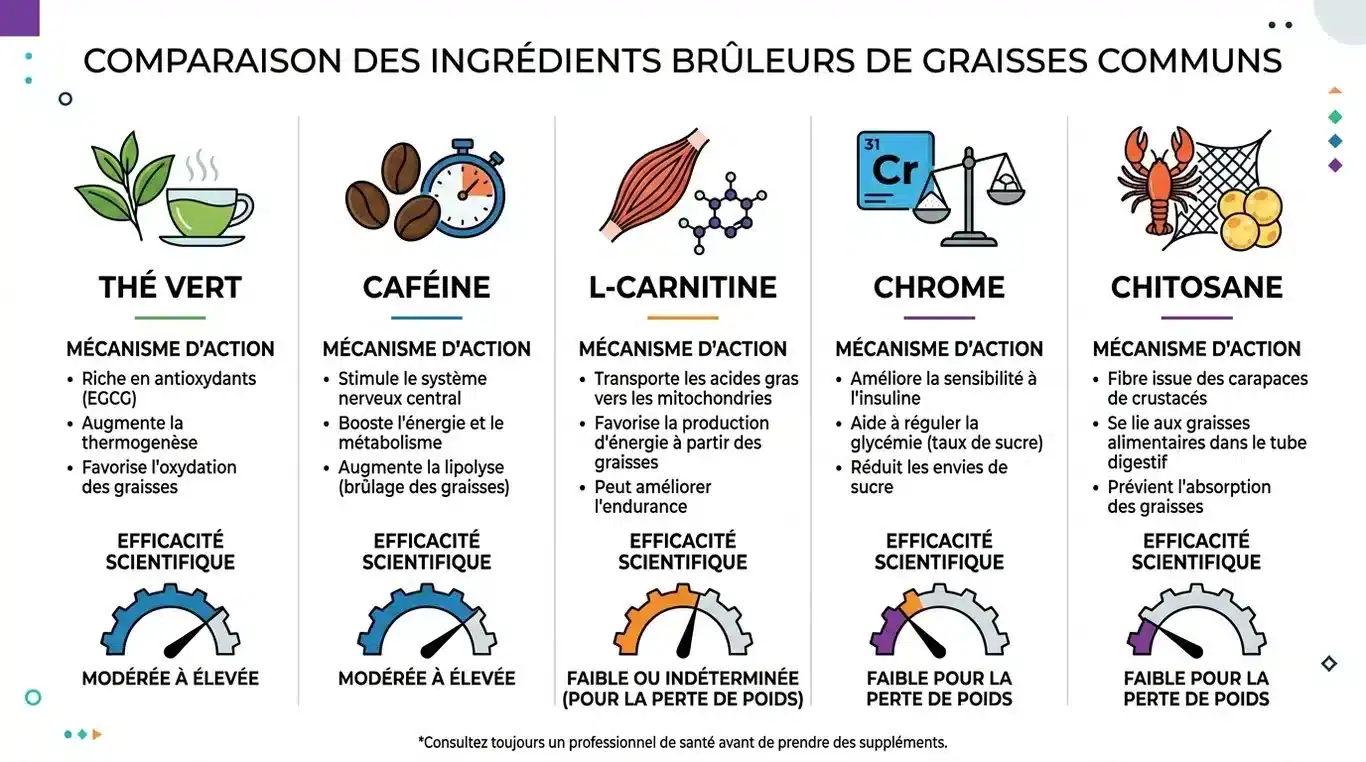 Infographie comparative des ingrédients des brûleurs de graisse et leur efficacité scientifique.