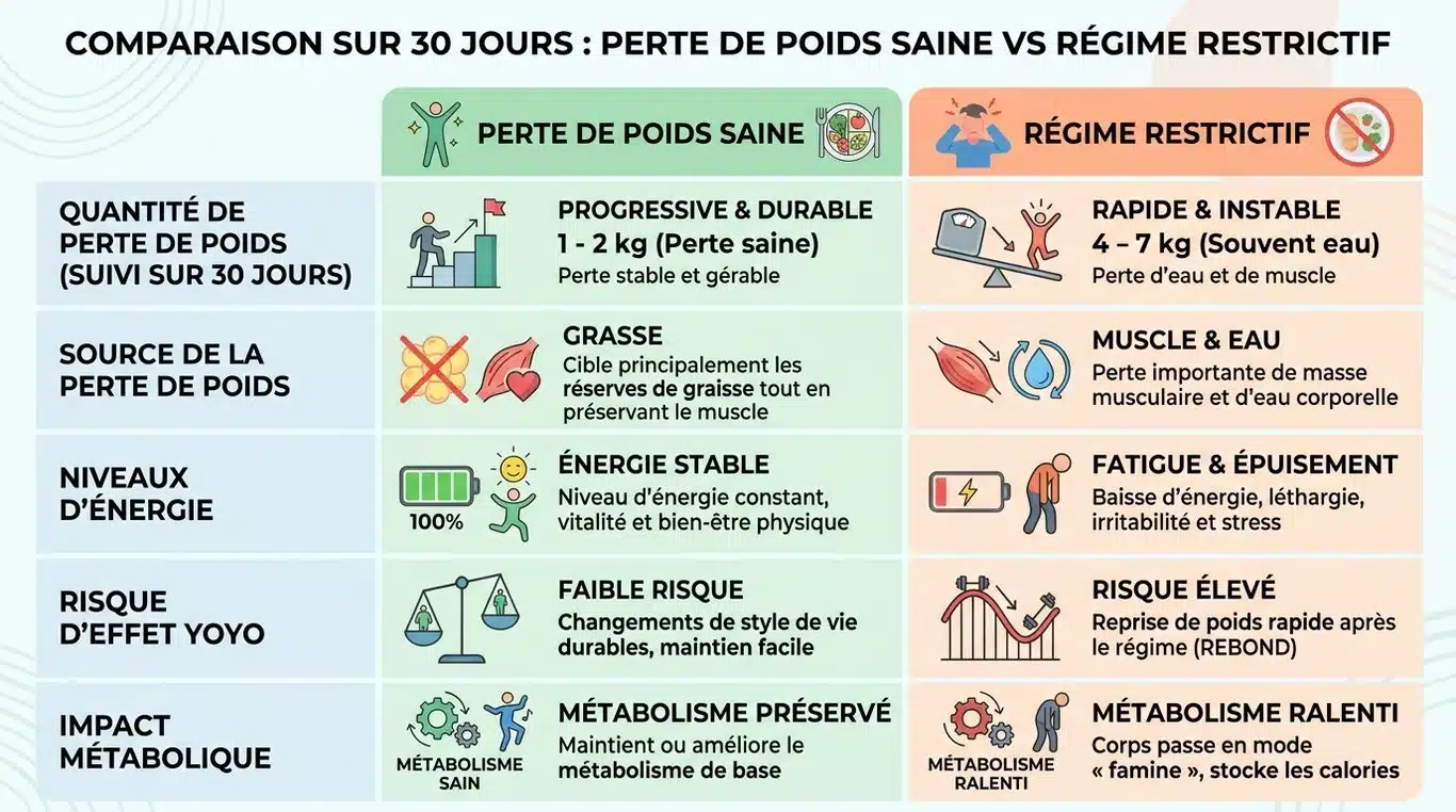 Infographie comparative : Perte de poids saine vs régime restrictif