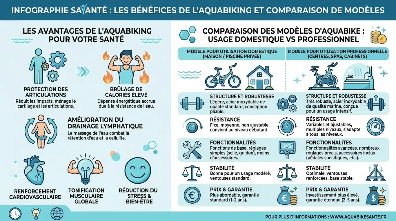 Infographie récapitulative des bienfaits de l'aquabike et comparatif des modèles de vélos de piscine