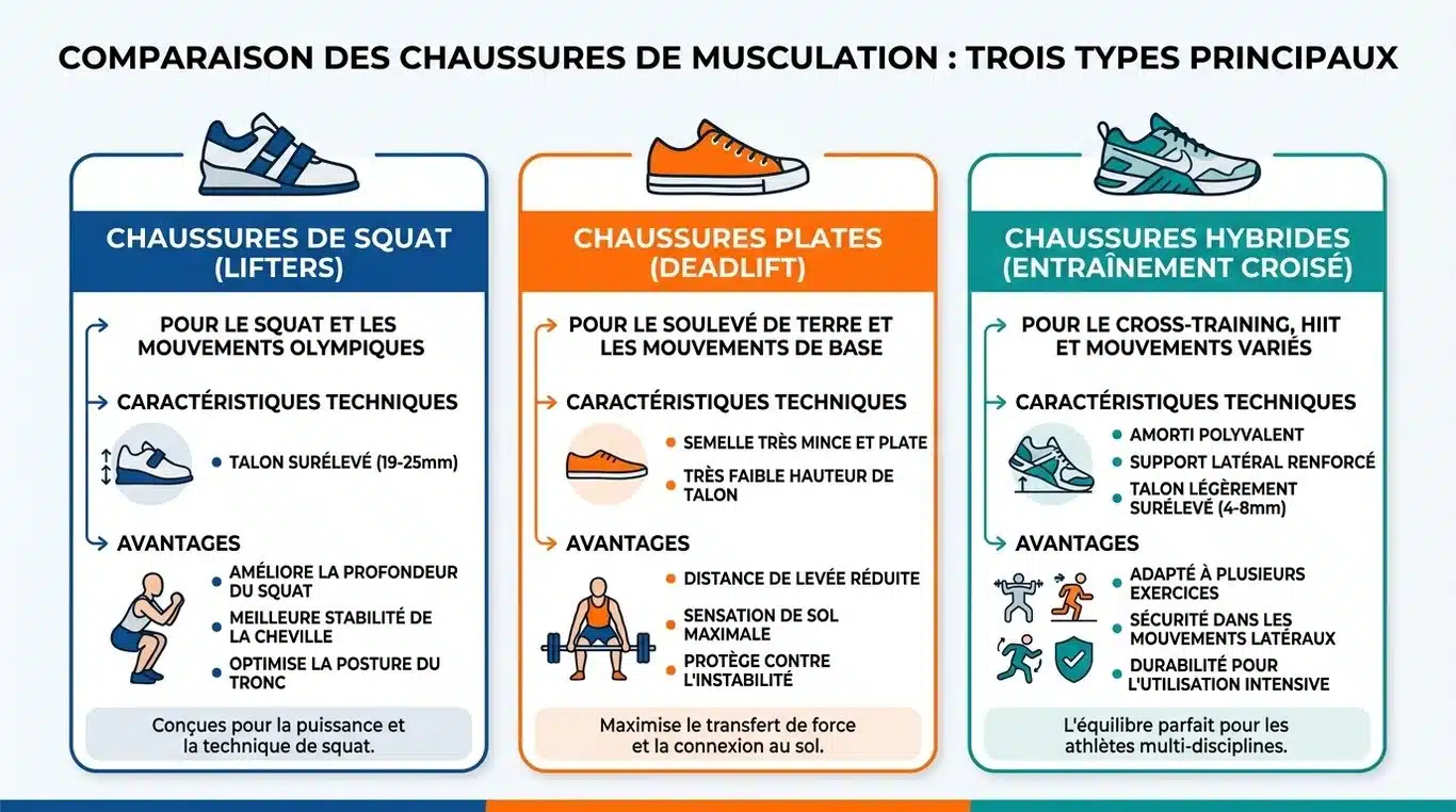 Infographie comparative des chaussures de musculation : Lifters, chaussures plates et hybrides selon la pratique.