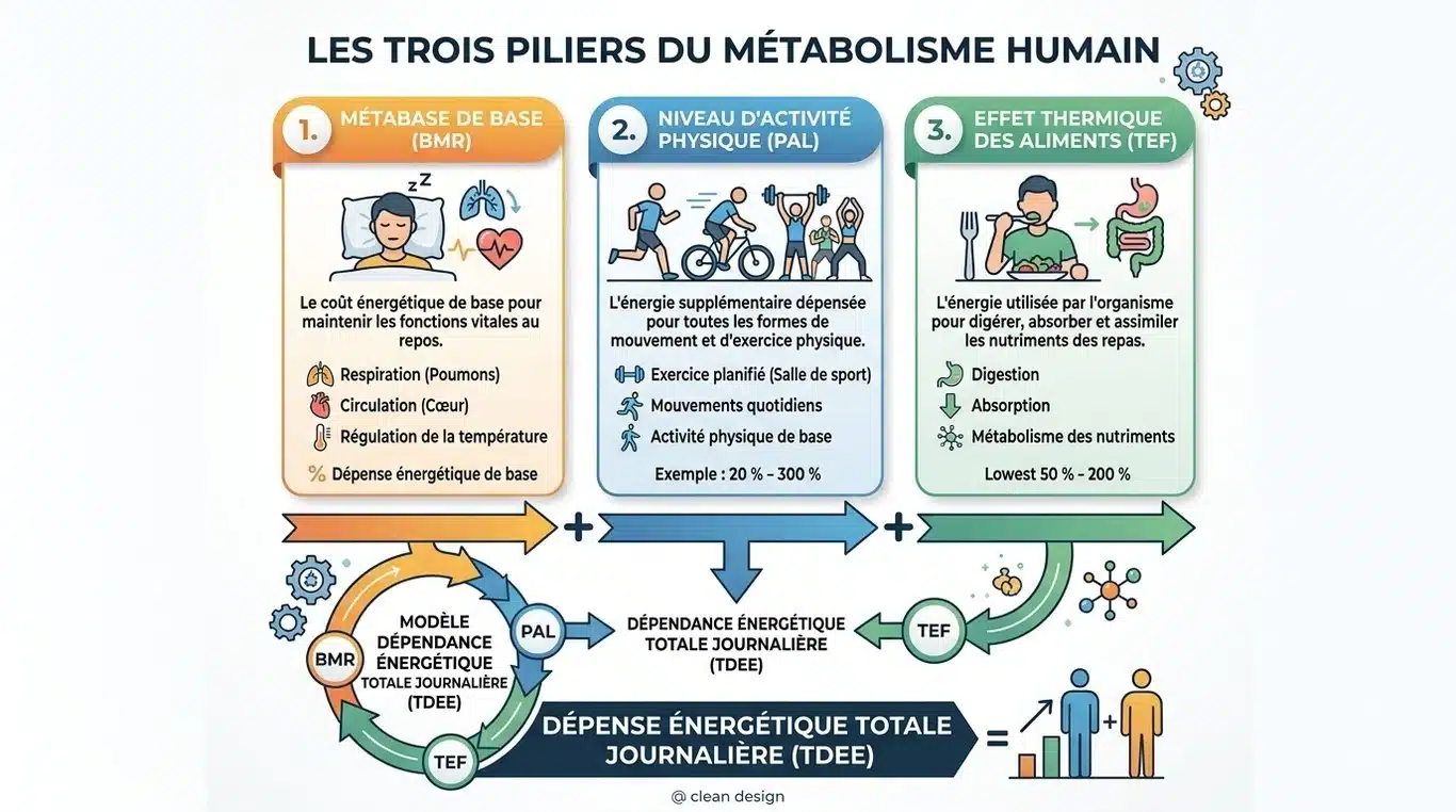 Infographie illustrant les trois piliers du métabolisme et de la dépense énergétique totale.