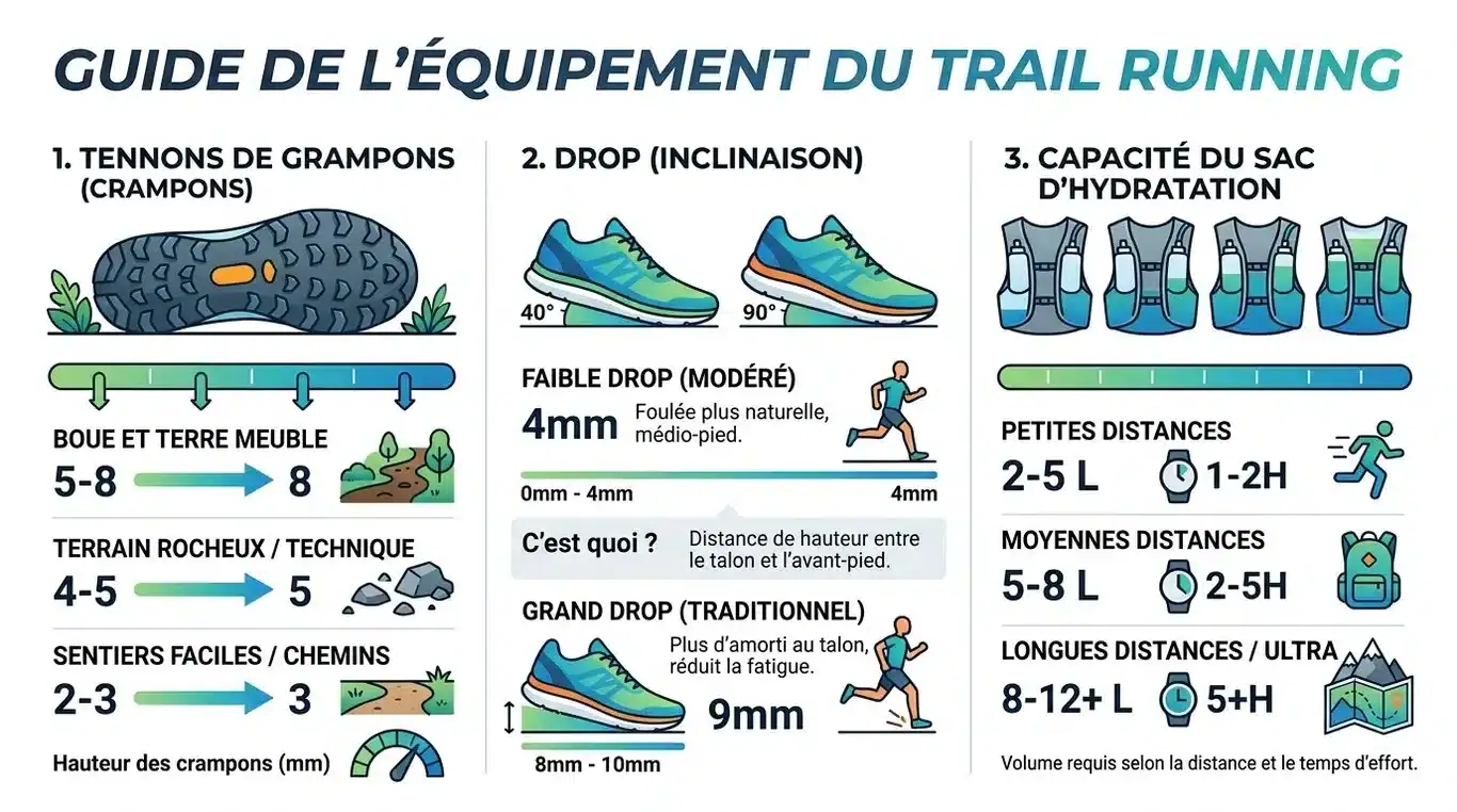Infographie récapitulative des équipements de trail : crampons, drop et capacité de sac.