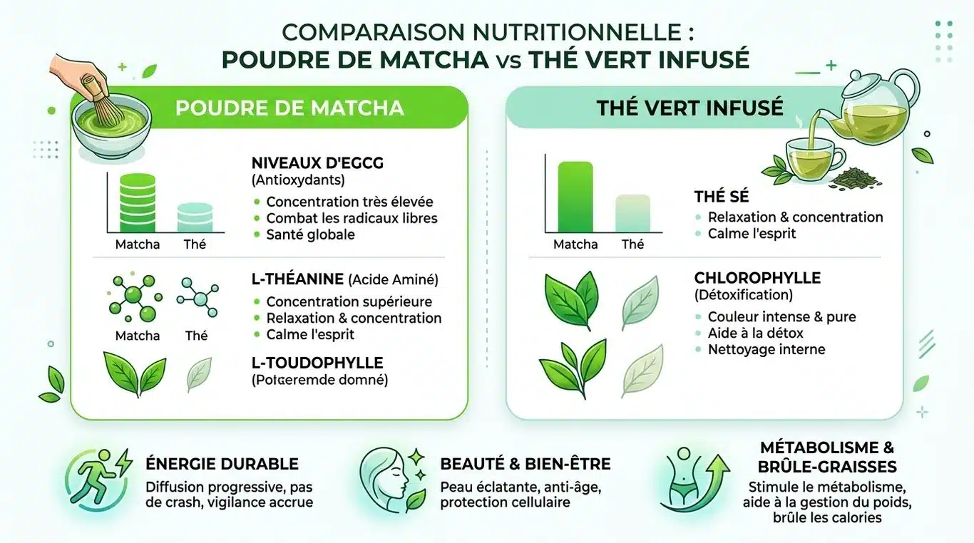 Infographie comparative des bienfaits du thé matcha et du thé vert infusé