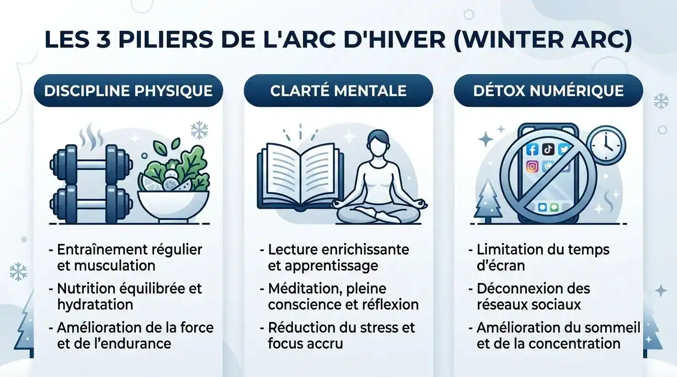 Infographie des 3 piliers du Winter Arc : discipline physique, clarté mentale et détox digitale.