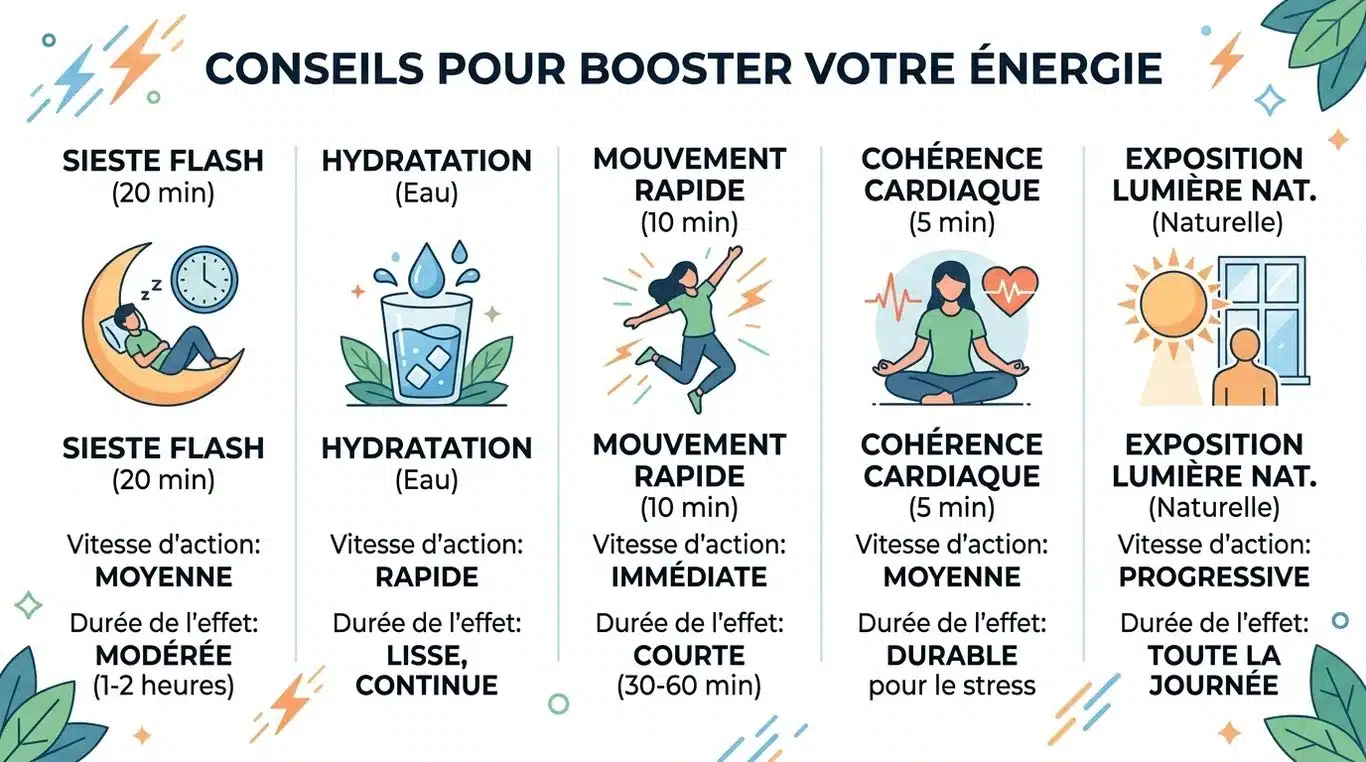 Infographie récapitulative des méthodes pour retrouver de l'énergie rapidement
