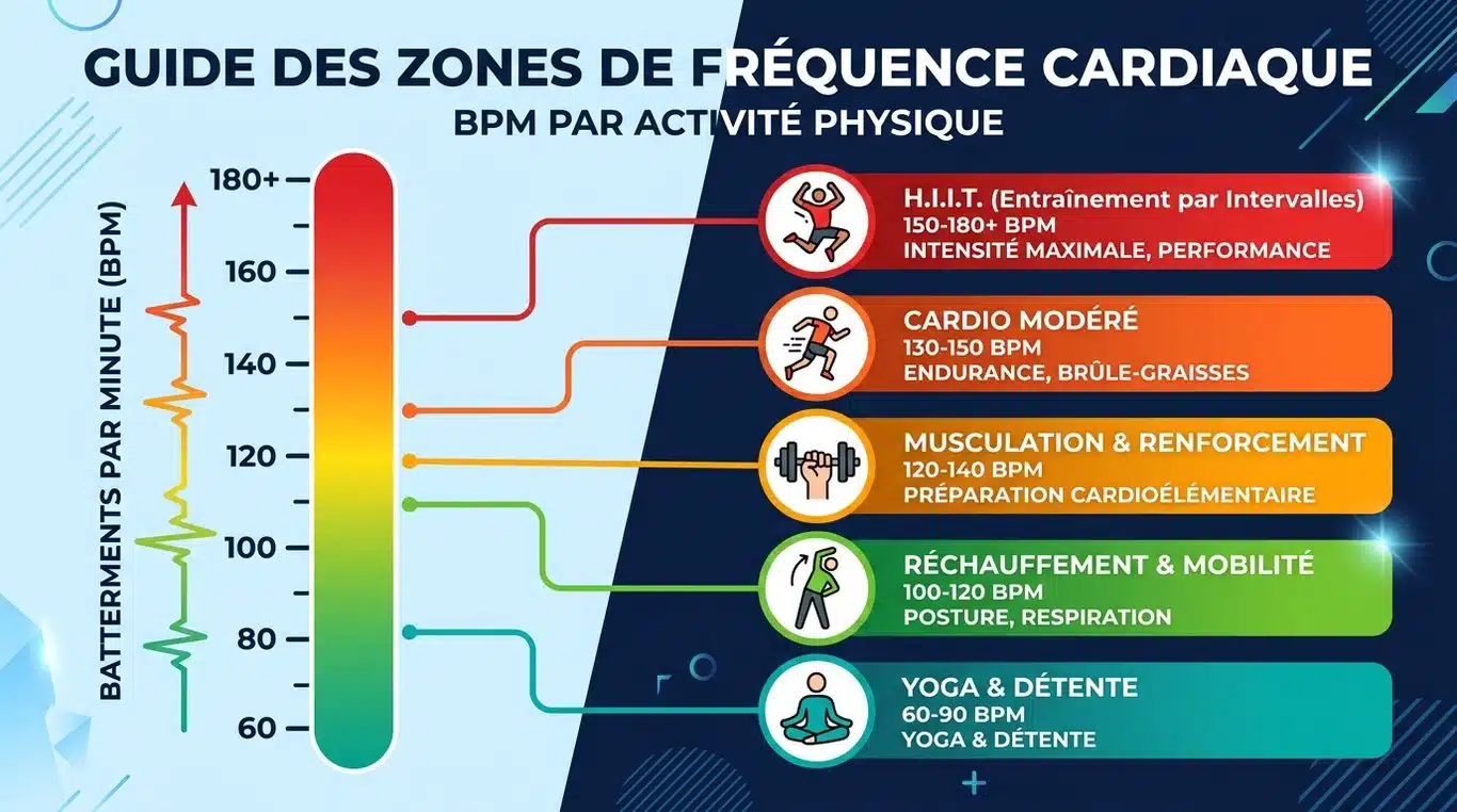 Infographie récapitulative des plages de BPM recommandées par type d'activité sportive pour optimiser l'entraînement.